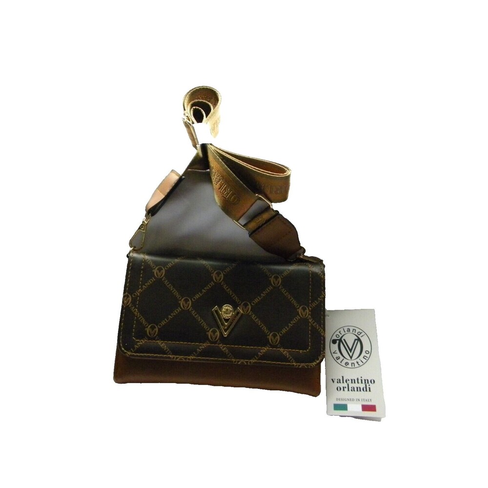 Valentino Print Leather Crossbody / Clutch Bag Carmel/ Brown Gold V NWT